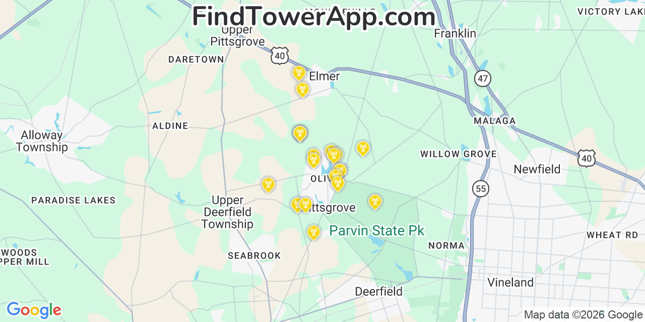 Map showing the 20 primary cell tower locations detected in Olivet, New Jersey from AT&T, Verizon, and T-Mobile networks