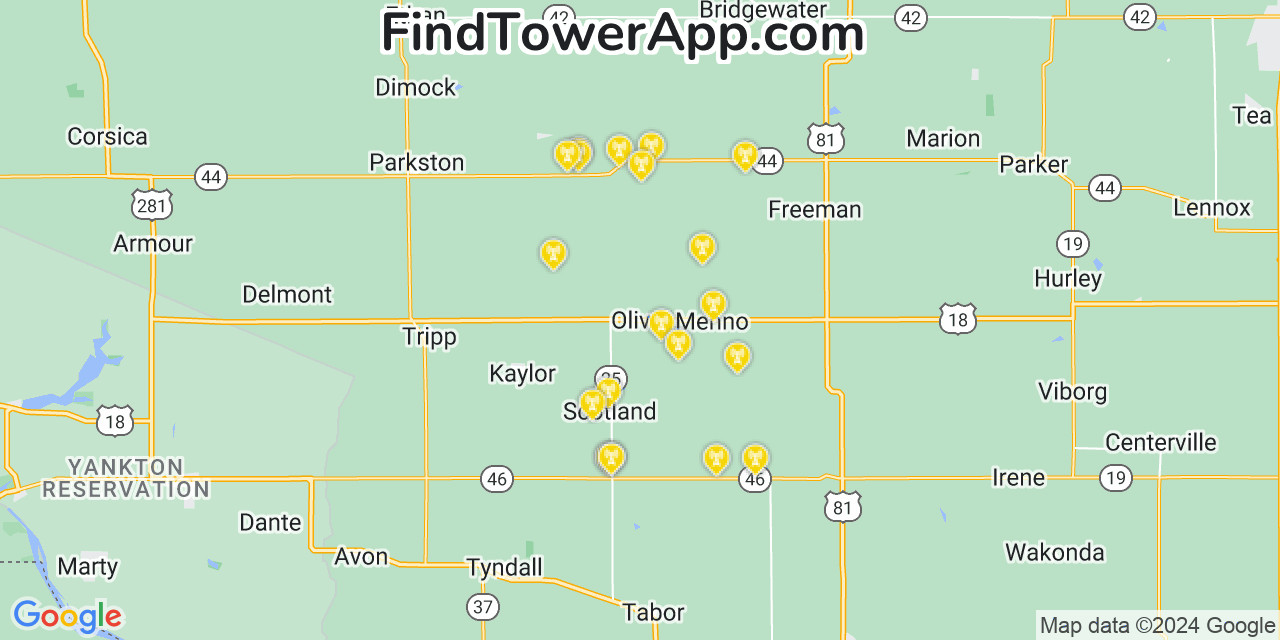 AT&T 4G/5G cell tower coverage map Olivet, South Dakota