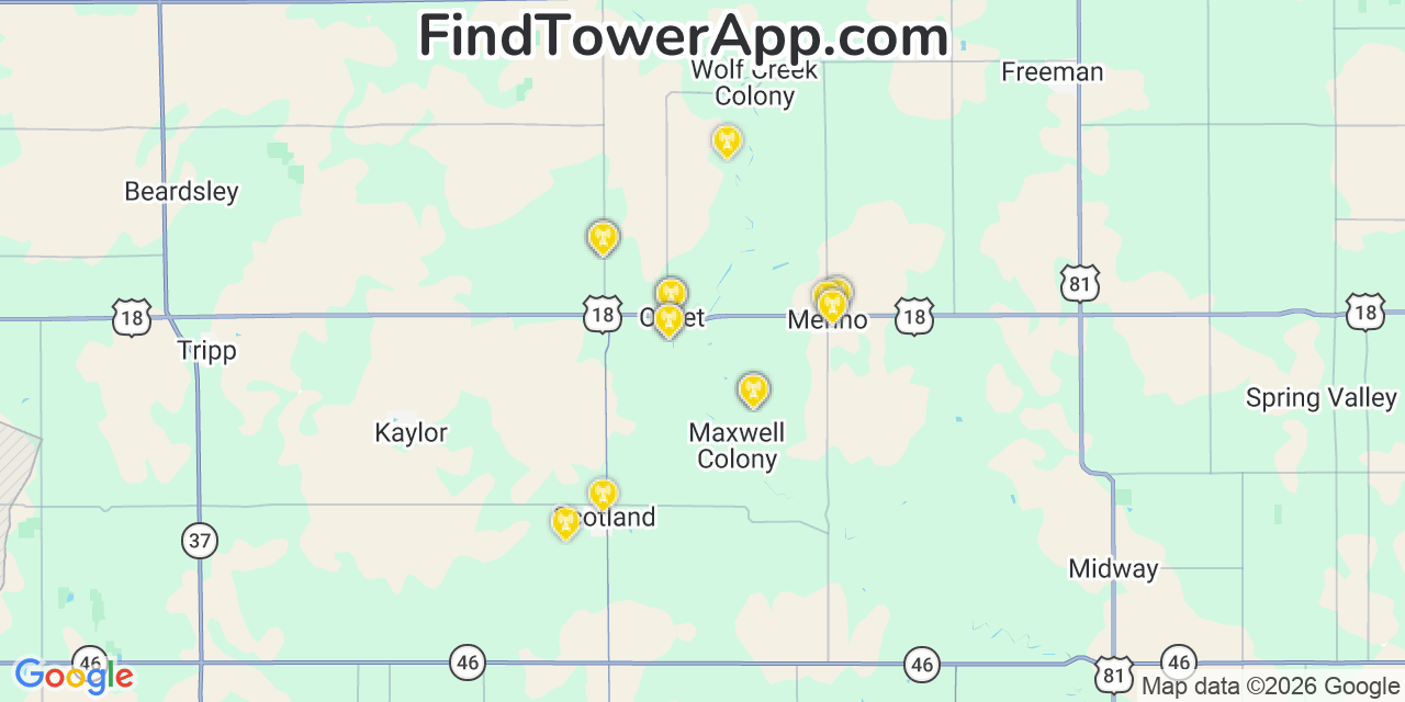 Map showing the 20 primary cell tower locations detected in Olivet, South Dakota from AT&T, Verizon, and T-Mobile networks