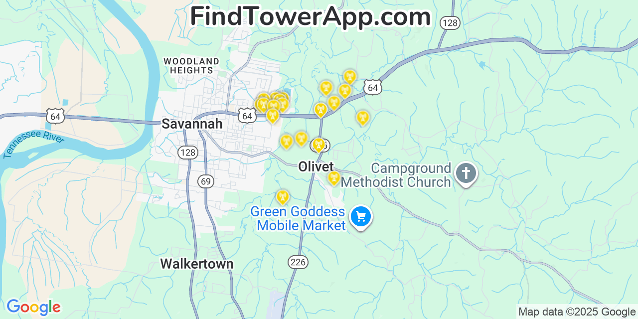 Map showing the 20 primary cell tower locations detected in Olivet, Tennessee from AT&T, Verizon, and T-Mobile networks