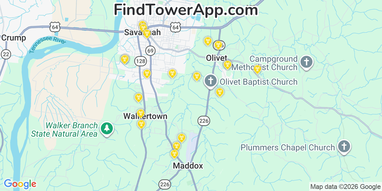 Map showing the 20 primary cell tower locations detected in Olivet, Tennessee from AT&T, Verizon, and T-Mobile networks
