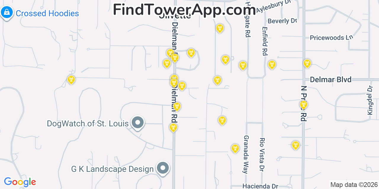 Map showing the 20 primary cell tower locations detected in Olivette, Missouri from AT&T, Verizon, and T-Mobile networks