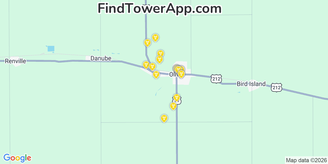 Map showing the 20 primary cell tower locations detected in Olivia, Minnesota from AT&T, Verizon, and T-Mobile networks