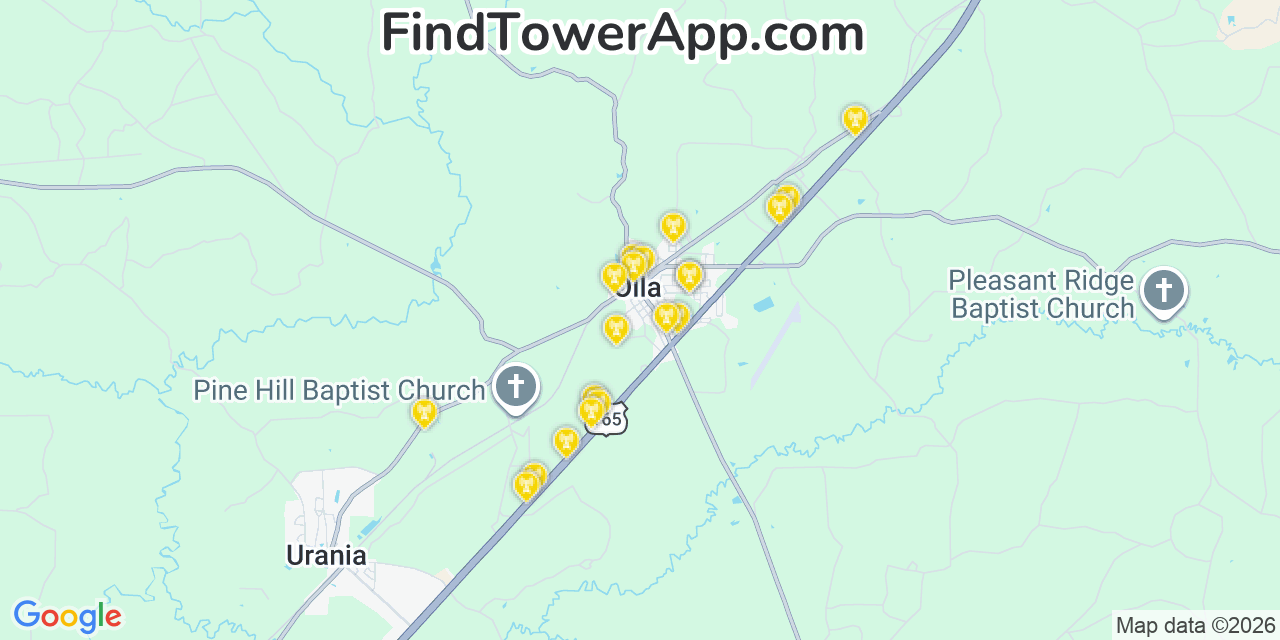 Map showing the 20 primary cell tower locations detected in Olla, Louisiana from AT&T, Verizon, and T-Mobile networks