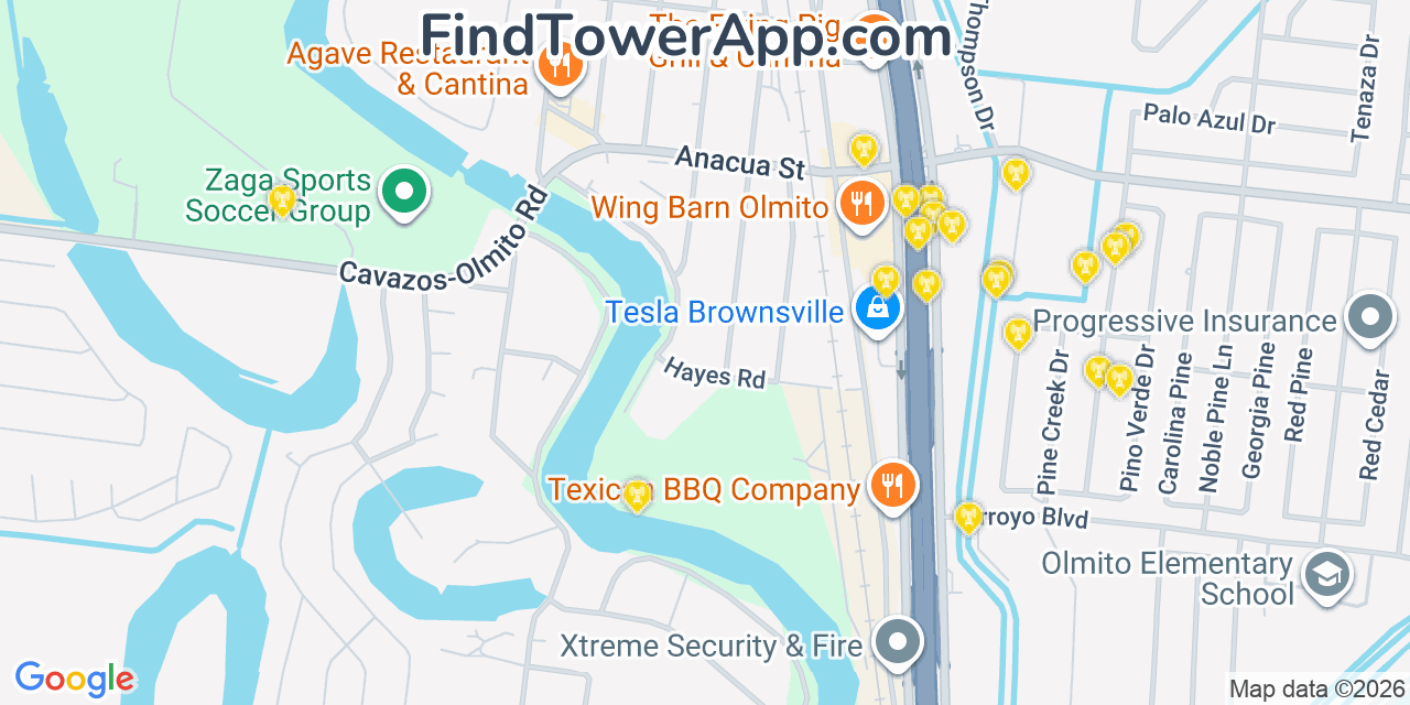 Map showing the 20 primary cell tower locations detected in Olmito, Texas from AT&T, Verizon, and T-Mobile networks