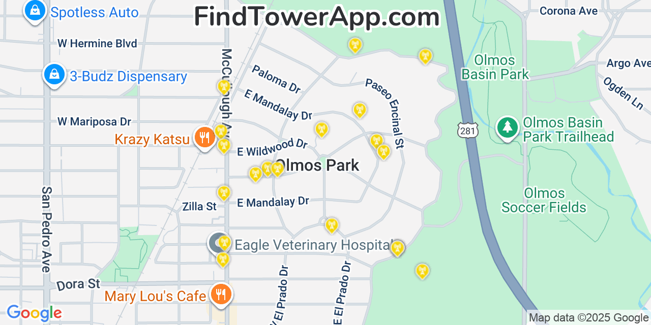 Map showing the 20 primary cell tower locations detected in Olmos Park, Texas from AT&T, Verizon, and T-Mobile networks