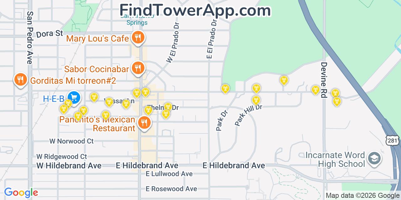 Map showing the 20 primary cell tower locations detected in Olmos Park, Texas from AT&T, Verizon, and T-Mobile networks