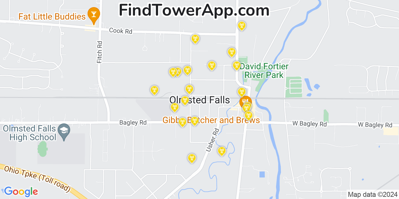 AT&T 4G/5G cell tower coverage map Olmsted Falls, Ohio