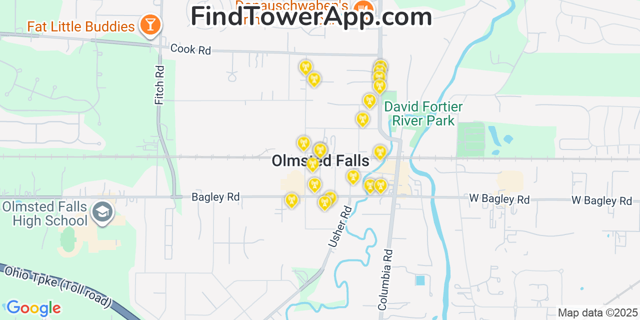 Map showing the 20 primary cell tower locations detected in Olmsted Falls, Ohio from AT&T, Verizon, and T-Mobile networks