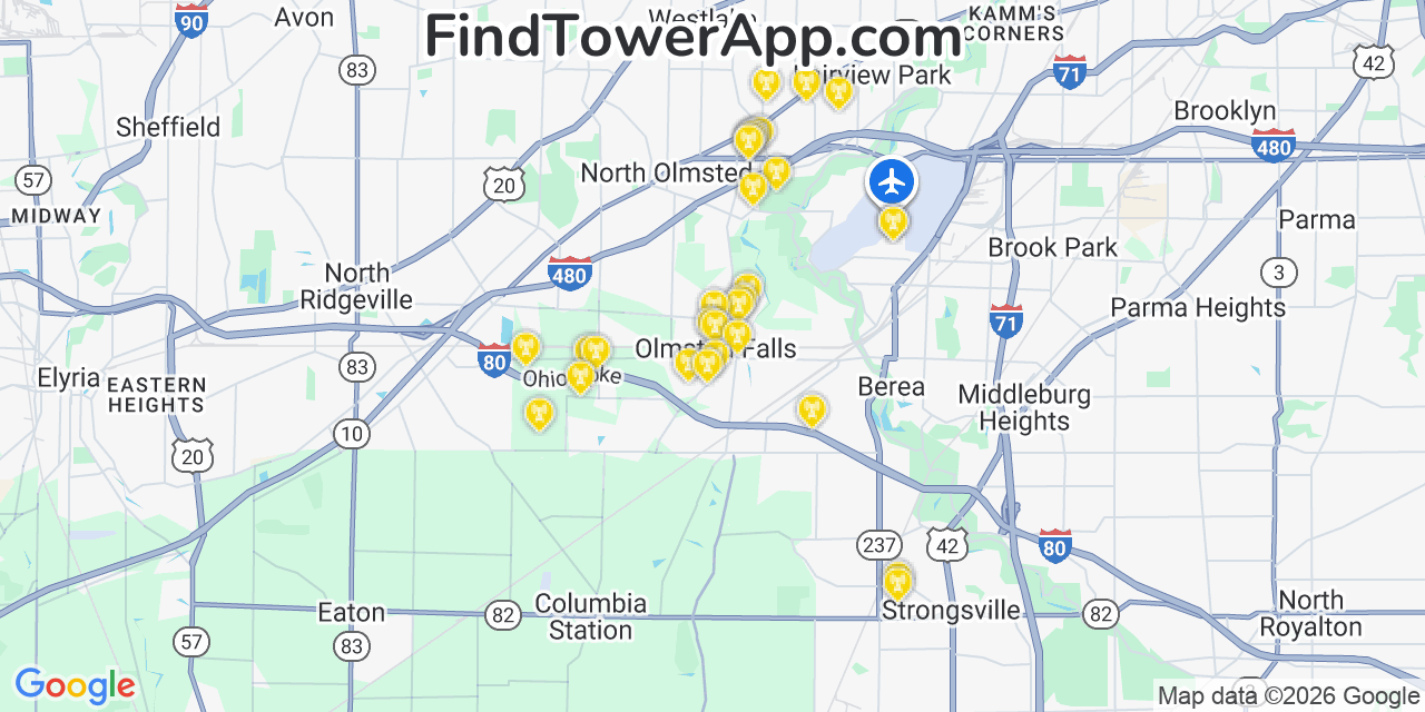 Map showing the 30 primary AT&T cell tower locations detected in Olmstedfalls, Ohio with coverage radius and signal strength indicators