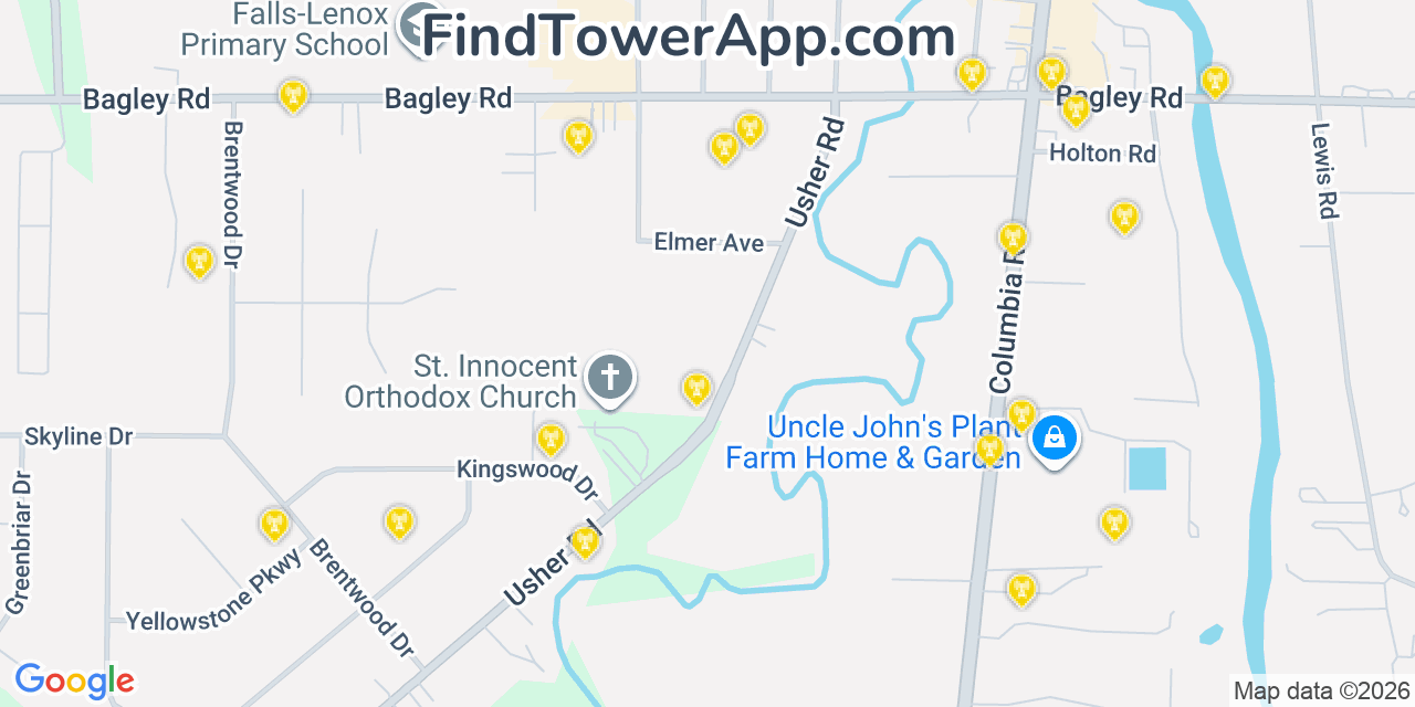 Map showing the 20 primary cell tower locations detected in Olmstedfalls, Ohio from AT&T, Verizon, and T-Mobile networks
