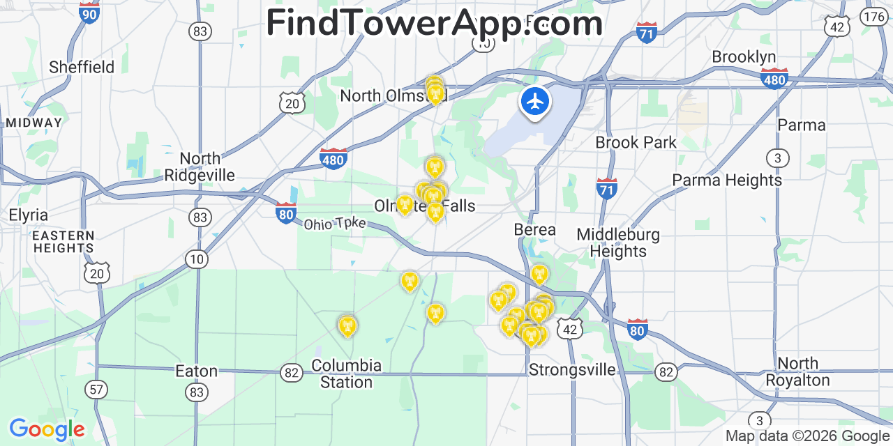 Map showing the 29 primary Verizon cell tower locations detected in Olmstedfalls, Ohio with coverage radius and signal strength indicators