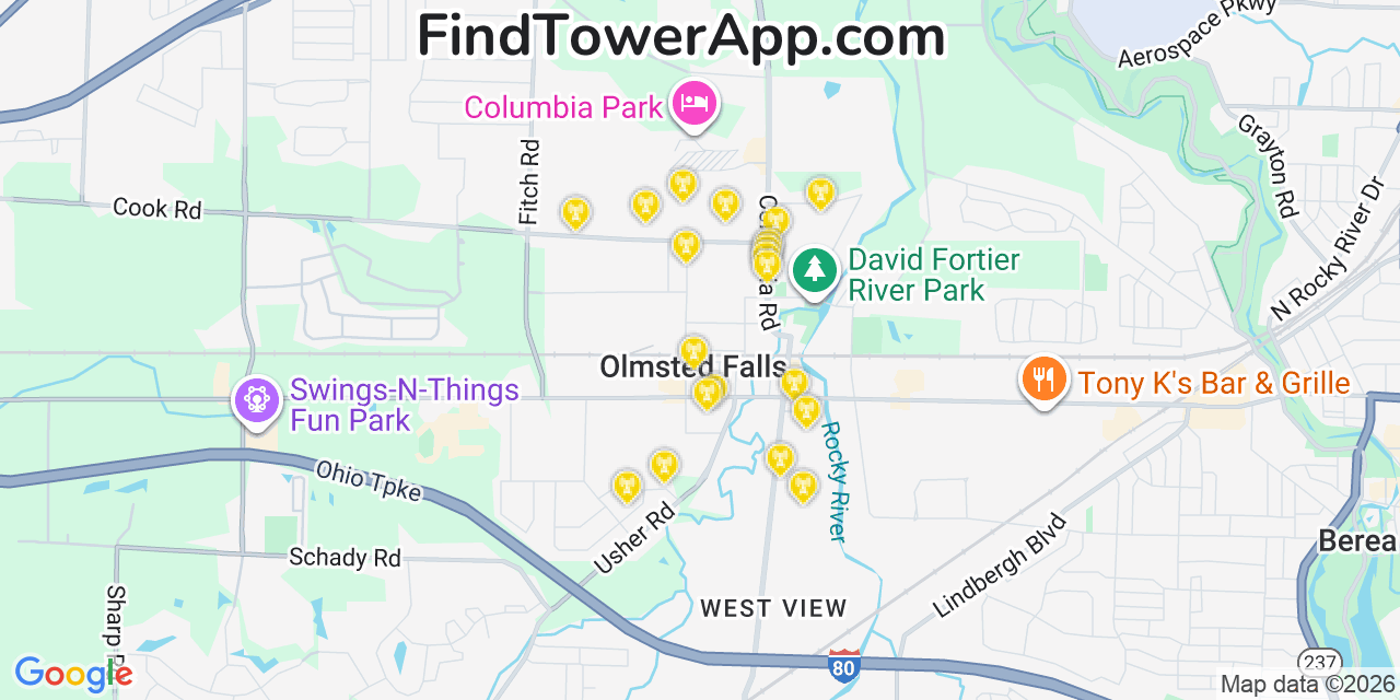 Map showing the 20 primary T-Mobile cell tower locations detected in Olmstedtwp, Ohio with coverage radius and signal strength indicators