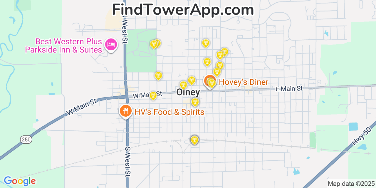 Map showing the 20 primary cell tower locations detected in Olney, Illinois from AT&T, Verizon, and T-Mobile networks