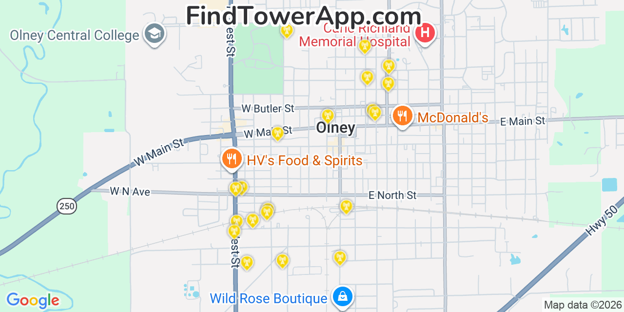 Map showing the 20 primary cell tower locations detected in Olney, Illinois from AT&T, Verizon, and T-Mobile networks