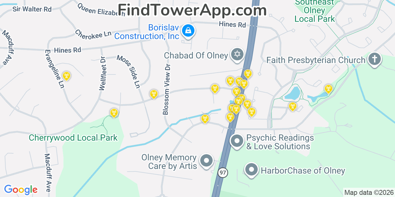 Map showing the 20 primary cell tower locations detected in Olney, Maryland from AT&T, Verizon, and T-Mobile networks
