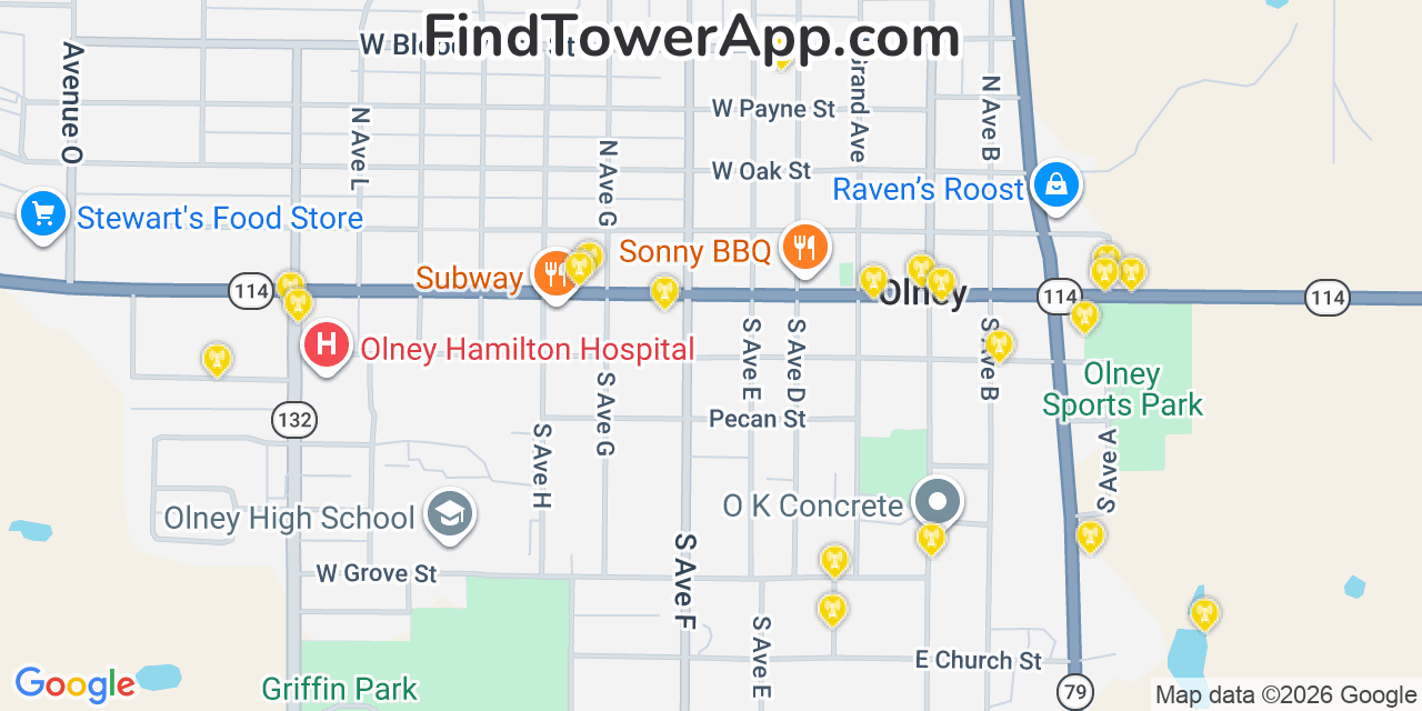 Map showing the 20 primary cell tower locations detected in Olney, Texas from AT&T, Verizon, and T-Mobile networks