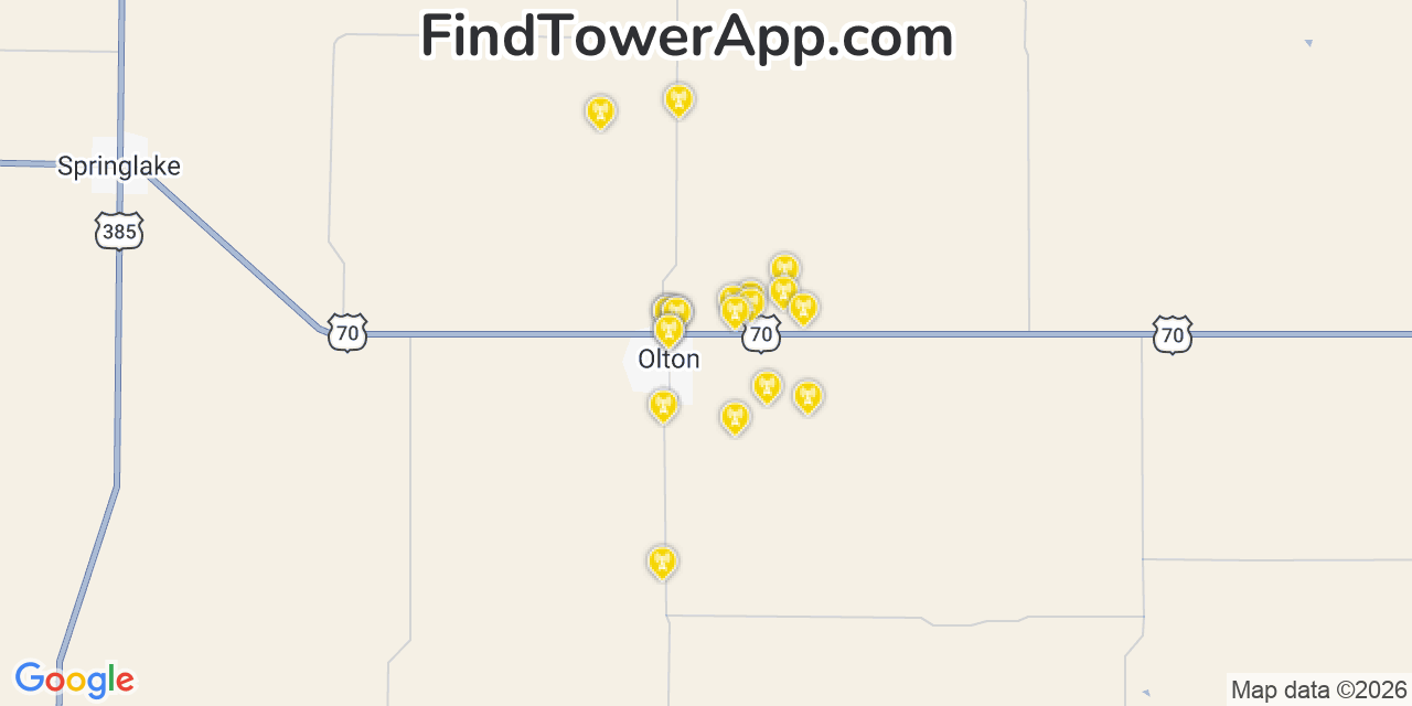 Map showing the 20 primary cell tower locations detected in Olton, Texas from AT&T, Verizon, and T-Mobile networks