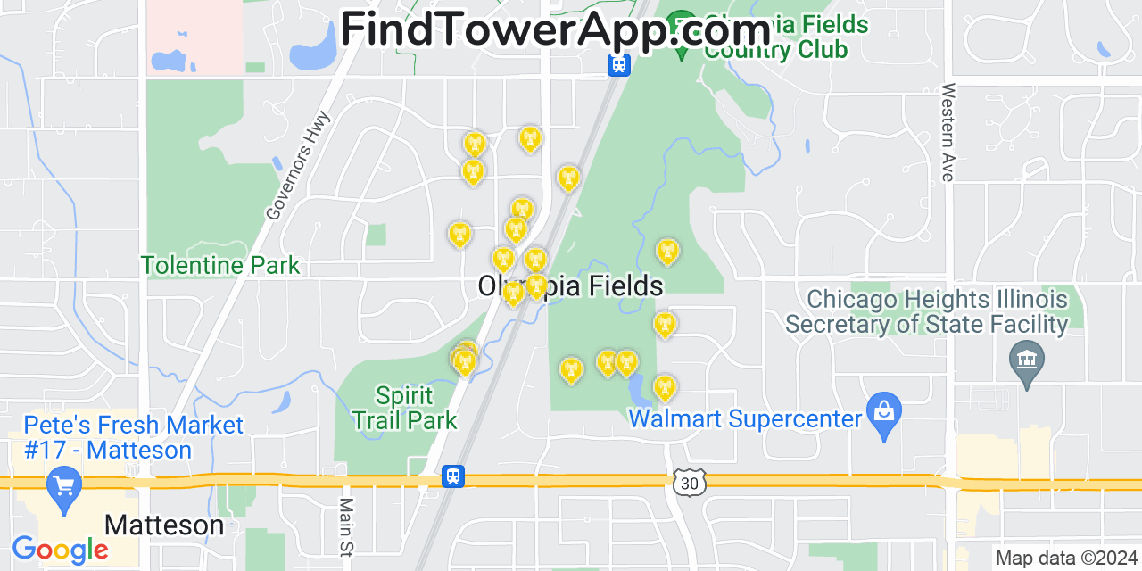 AT&T 4G/5G cell tower coverage map Olympia Fields, Illinois