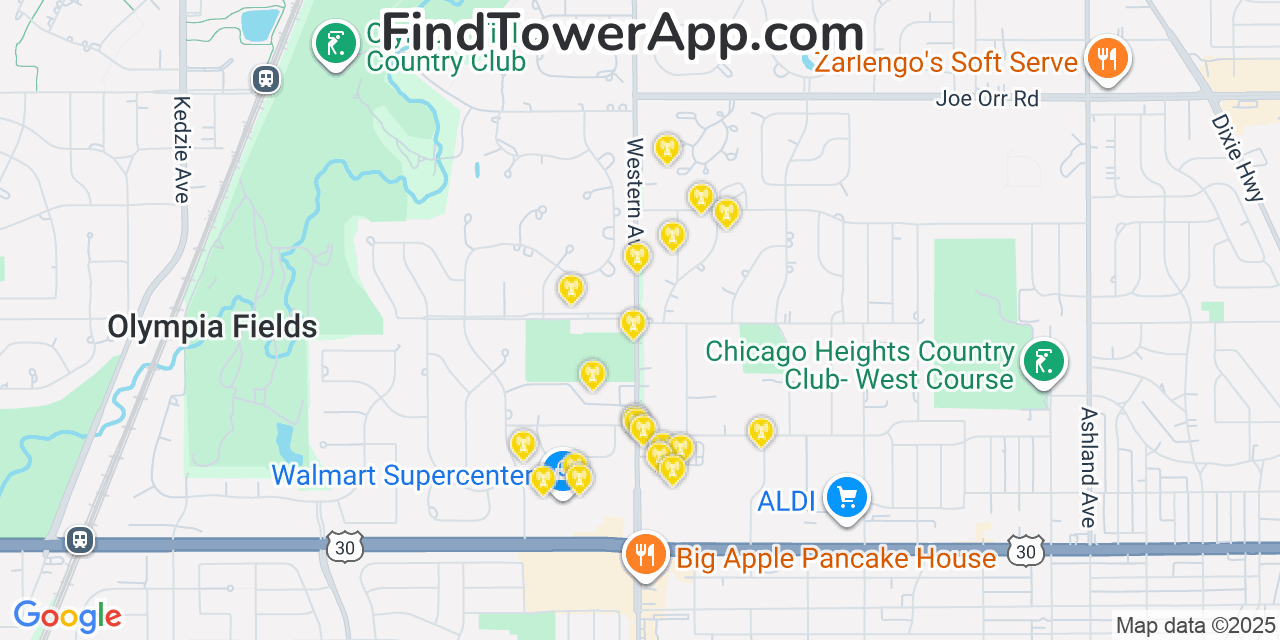 Map showing the 20 primary cell tower locations detected in Olympia Fields, Illinois from AT&T, Verizon, and T-Mobile networks