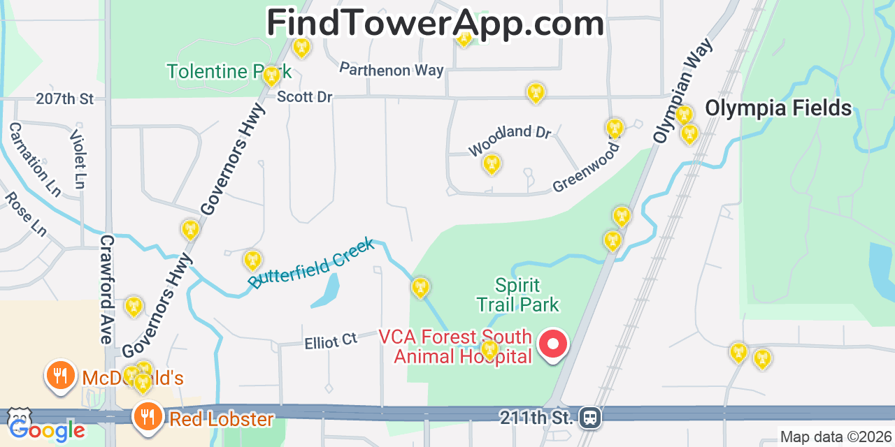Map showing the 20 primary cell tower locations detected in Olympia Fields, Illinois from AT&T, Verizon, and T-Mobile networks