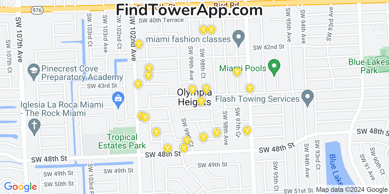 AT&T 4G/5G cell tower coverage map Olympia Heights, Florida