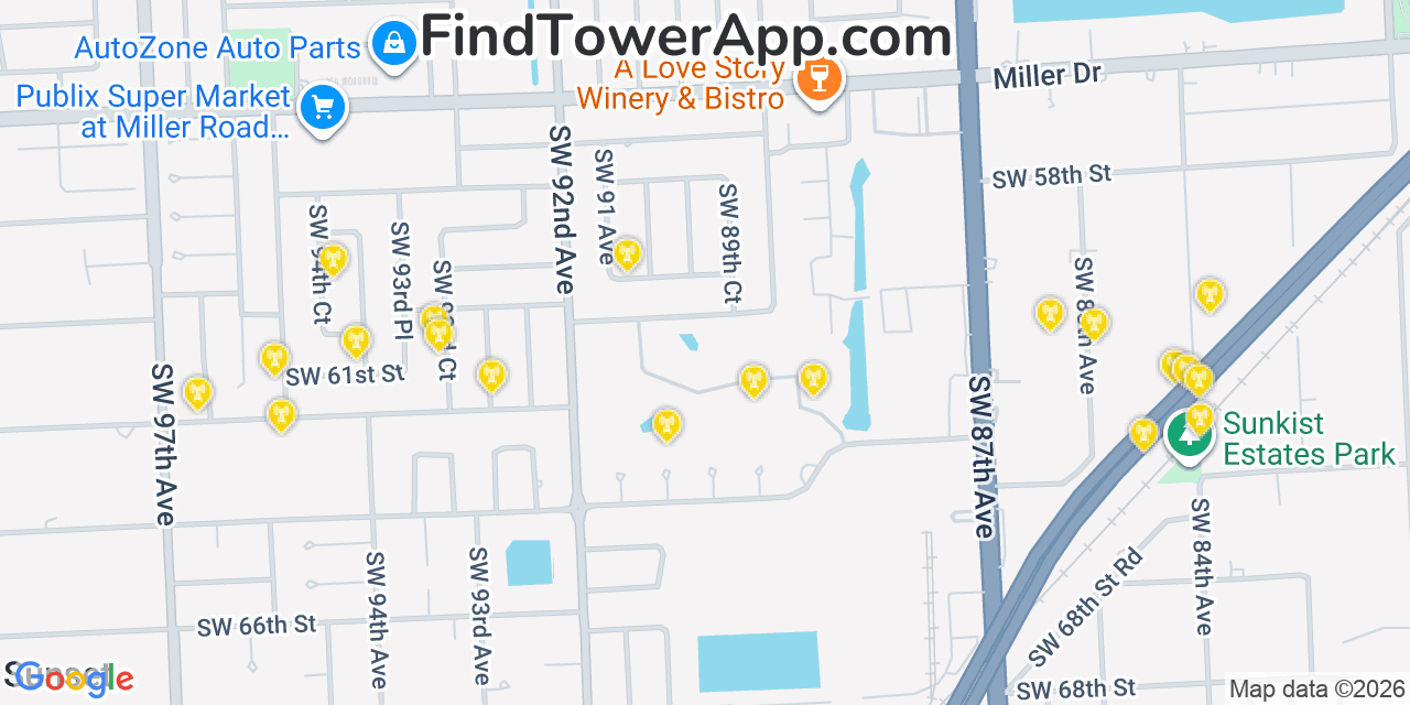 Map showing the 20 primary cell tower locations detected in Olympia Heights, Florida from AT&T, Verizon, and T-Mobile networks