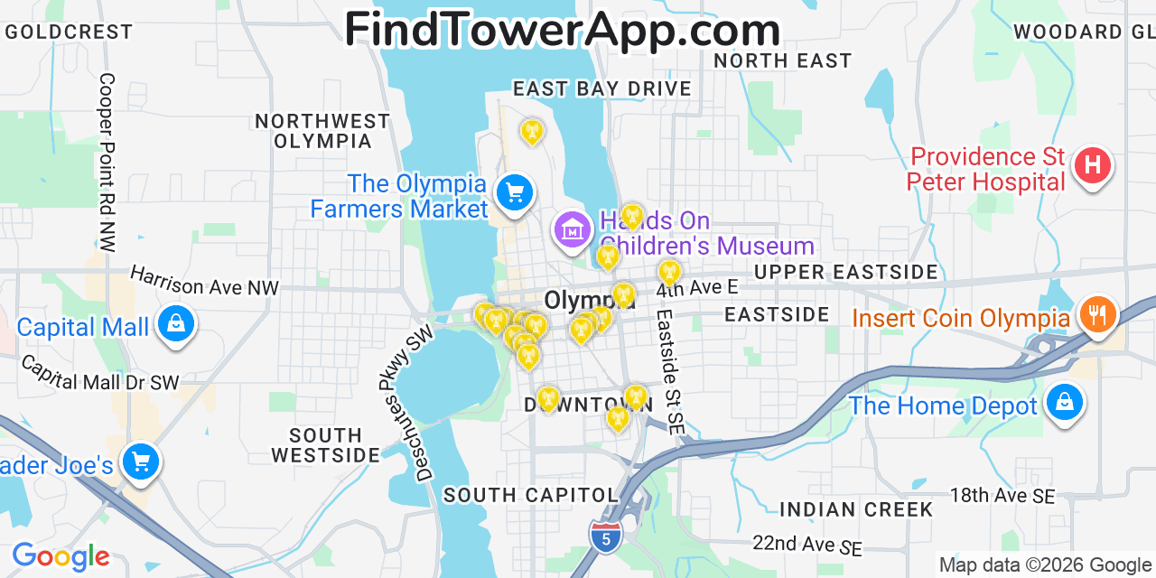 Map showing the 20 primary cell tower locations detected in Olympia, Washington from AT&T, Verizon, and T-Mobile networks