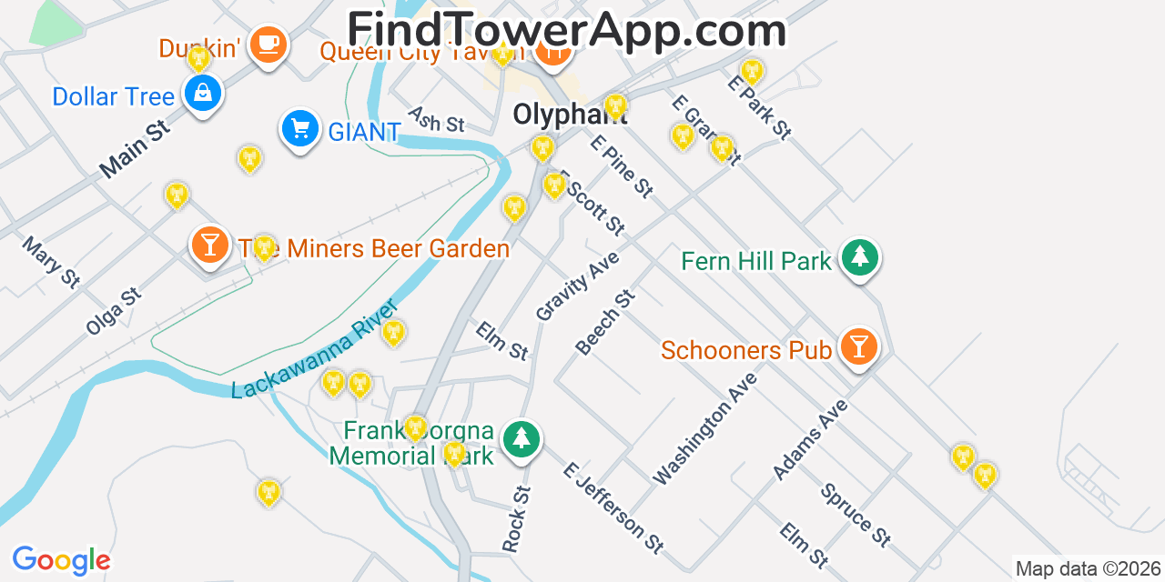 Map showing the 20 primary cell tower locations detected in Olyphant, Pennsylvania from AT&T, Verizon, and T-Mobile networks
