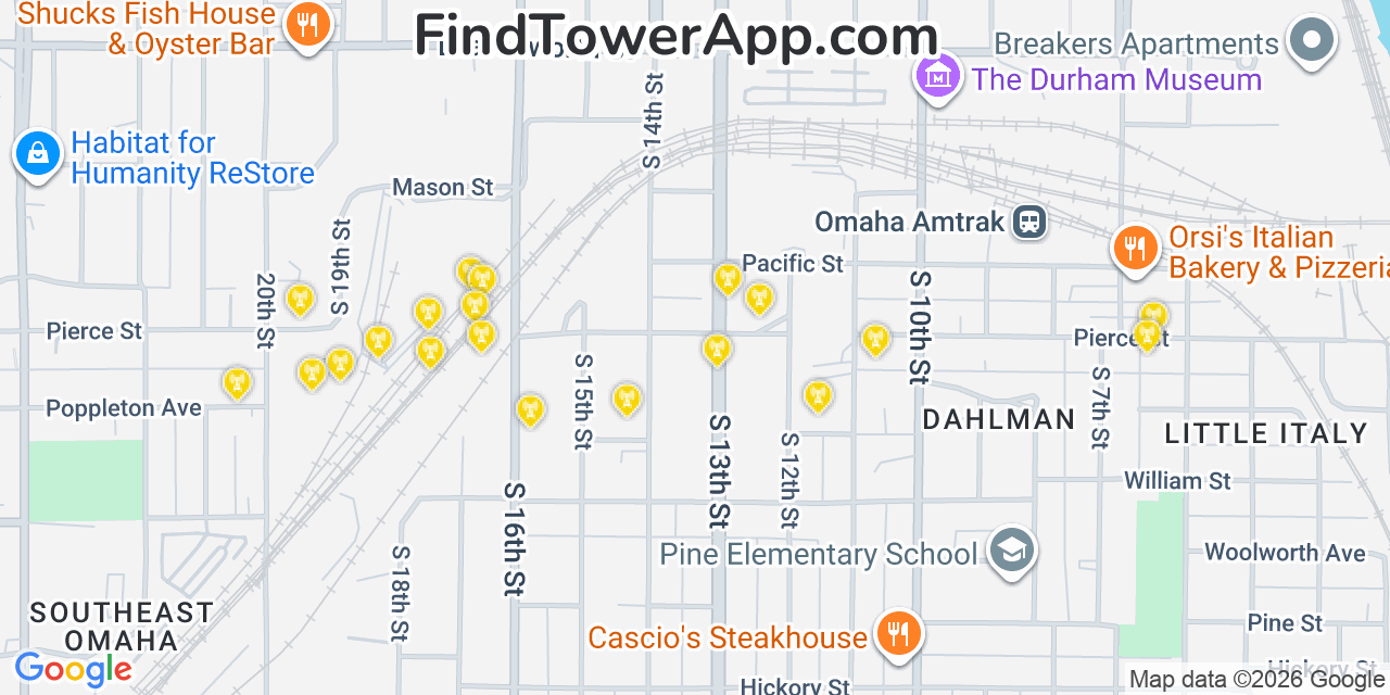 Map showing the 20 primary cell tower locations detected in Omaha, Nebraska from AT&T, Verizon, and T-Mobile networks
