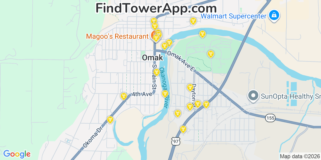 Map showing the 20 primary cell tower locations detected in Omak, Washington from AT&T, Verizon, and T-Mobile networks