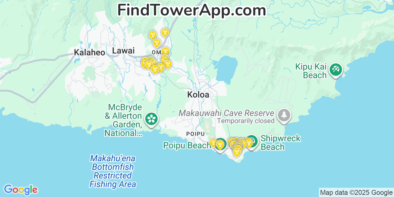 Map showing the 35 primary AT&T cell tower locations detected in Ōmao, Hawaii with coverage radius and signal strength indicators