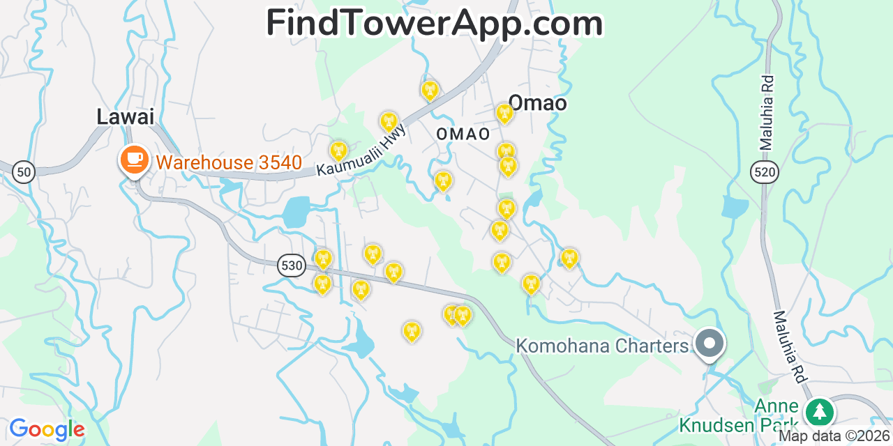 Map showing the 20 primary cell tower locations detected in Ōmao, Hawaii from AT&T, Verizon, and T-Mobile networks
