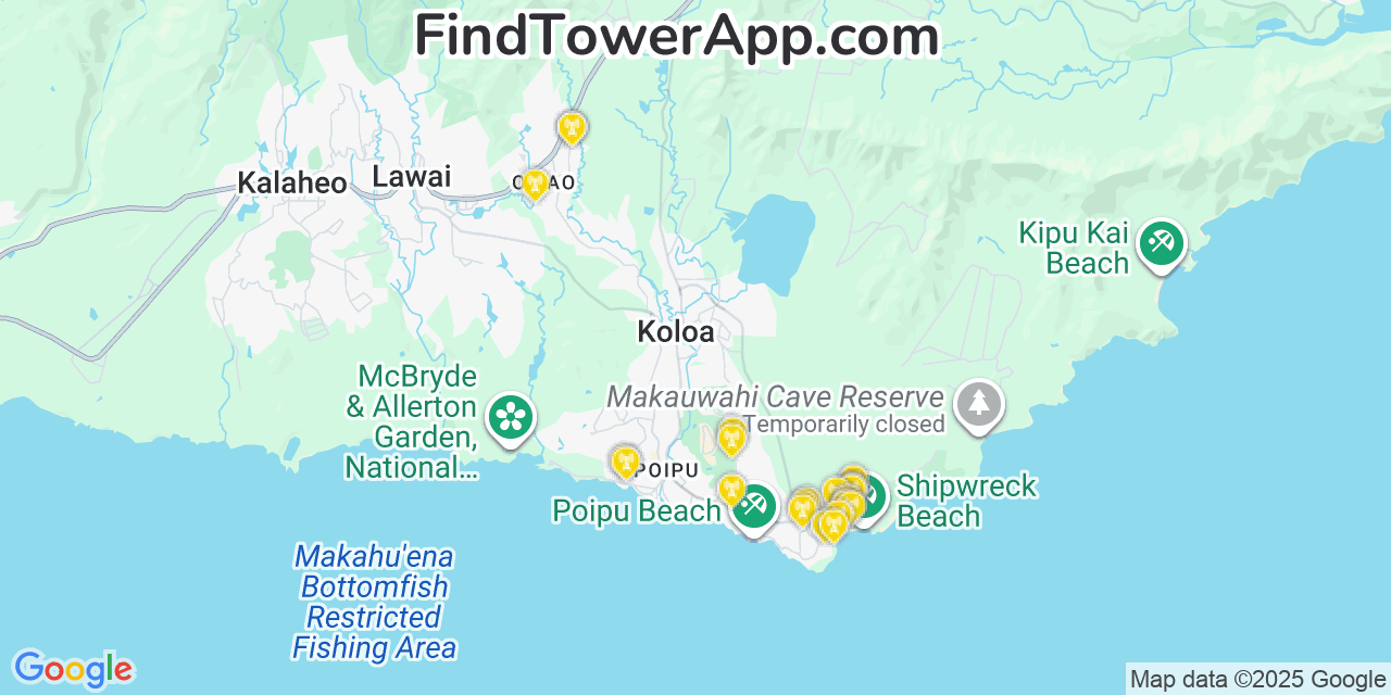 Map showing the 23 primary Verizon cell tower locations detected in Ōmao, Hawaii with coverage radius and signal strength indicators
