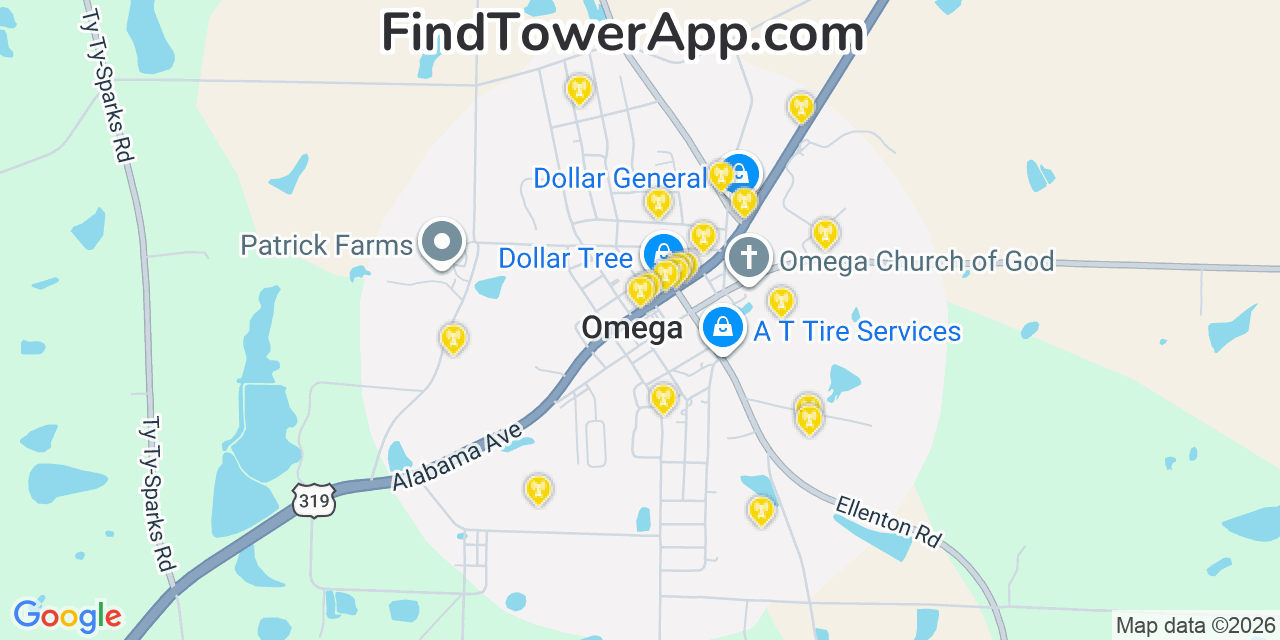 Map showing the 20 primary cell tower locations detected in Omega, Georgia from AT&T, Verizon, and T-Mobile networks