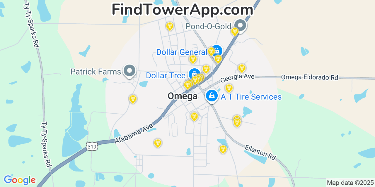 Map showing the 20 primary Mobitel cell tower locations detected in Omega, Georgia with coverage radius and signal strength indicators
