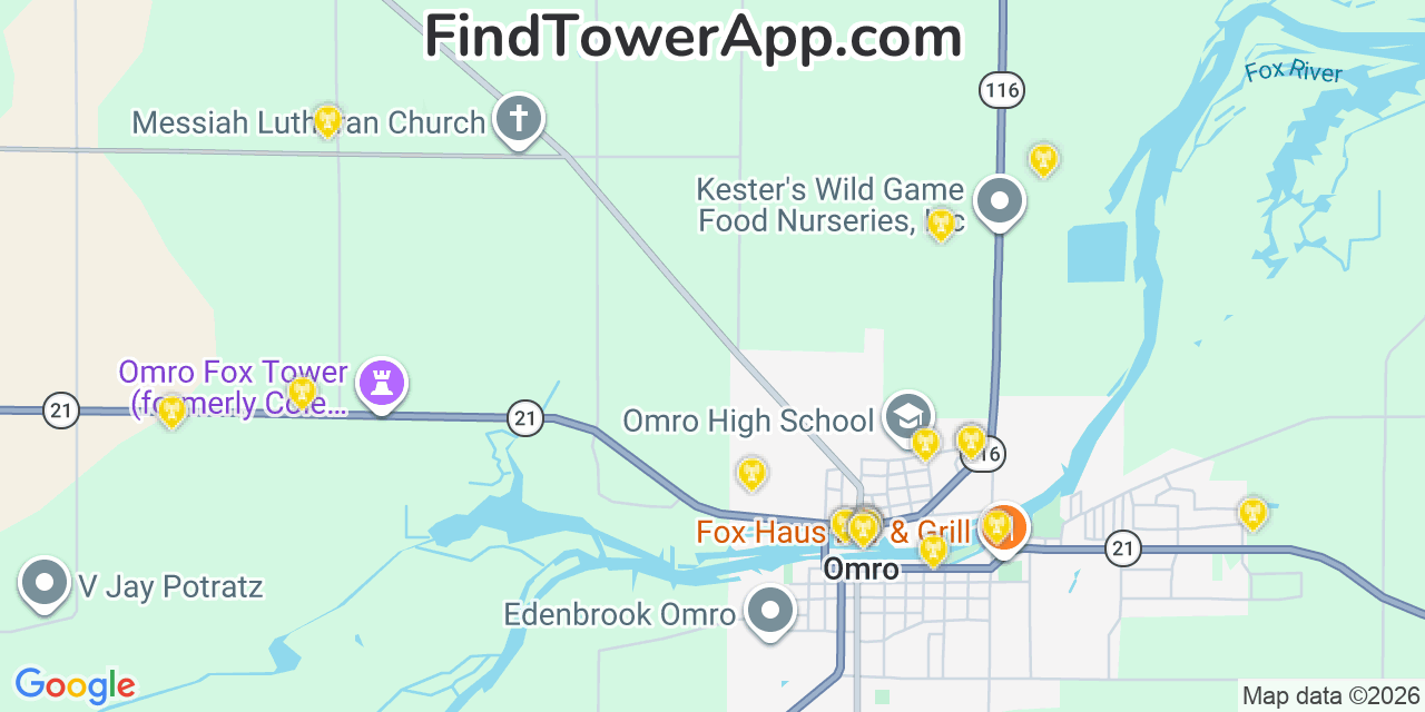 Map showing the 20 primary cell tower locations detected in Omro, Wisconsin from AT&T, Verizon, and T-Mobile networks