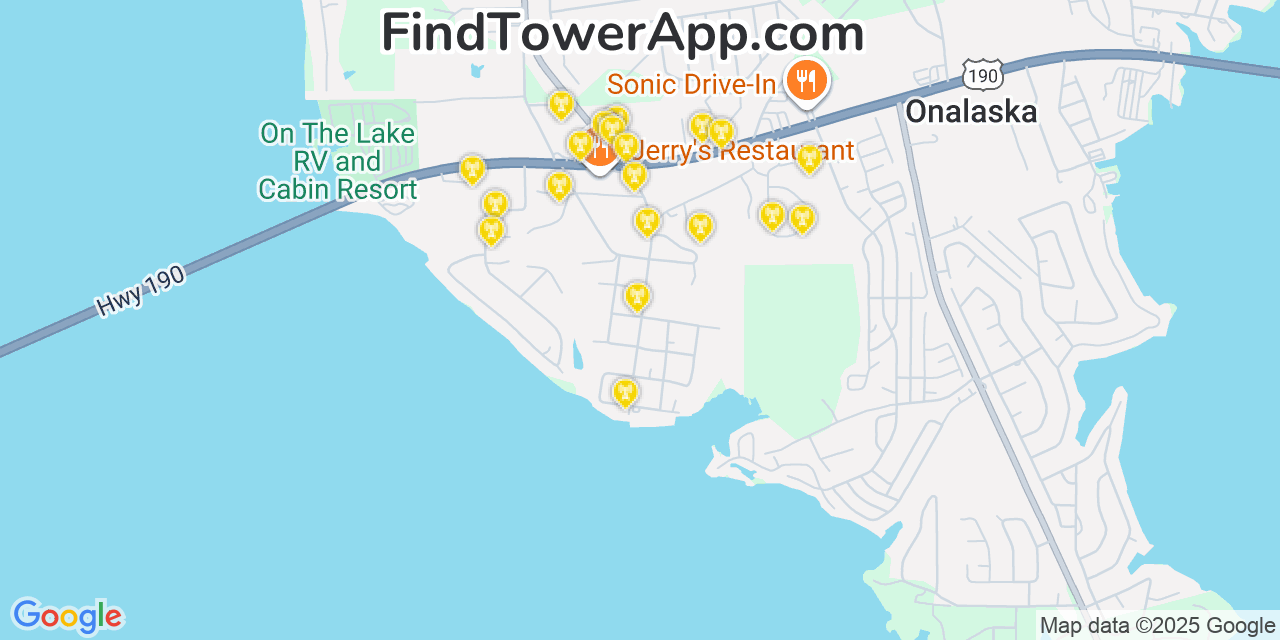 Map showing the 20 primary cell tower locations detected in Onalaska, Texas from AT&T, Verizon, and T-Mobile networks