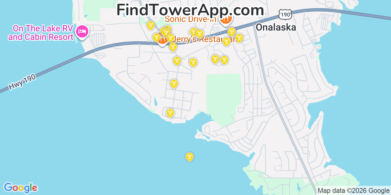 Map showing the 20 primary cell tower locations detected in Onalaska, Texas from AT&T, Verizon, and T-Mobile networks