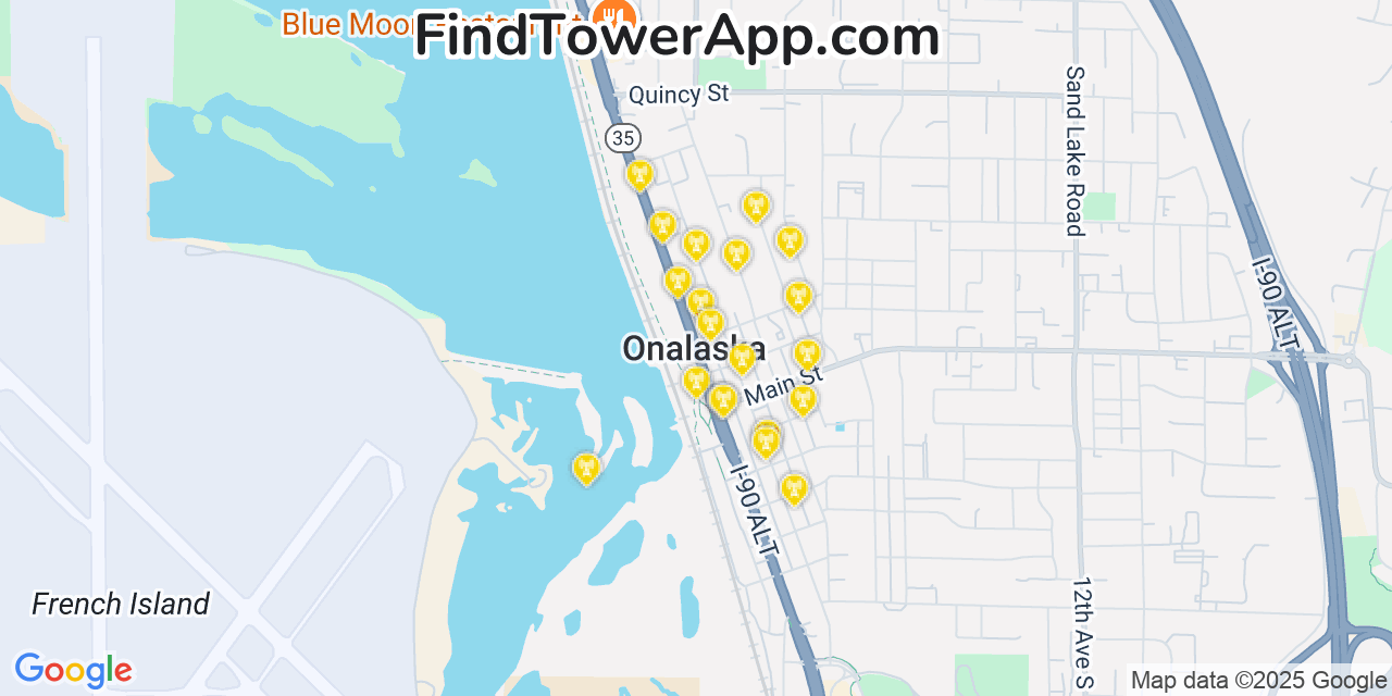 Map showing the 20 primary cell tower locations detected in Onalaska, Wisconsin from AT&T, Verizon, and T-Mobile networks