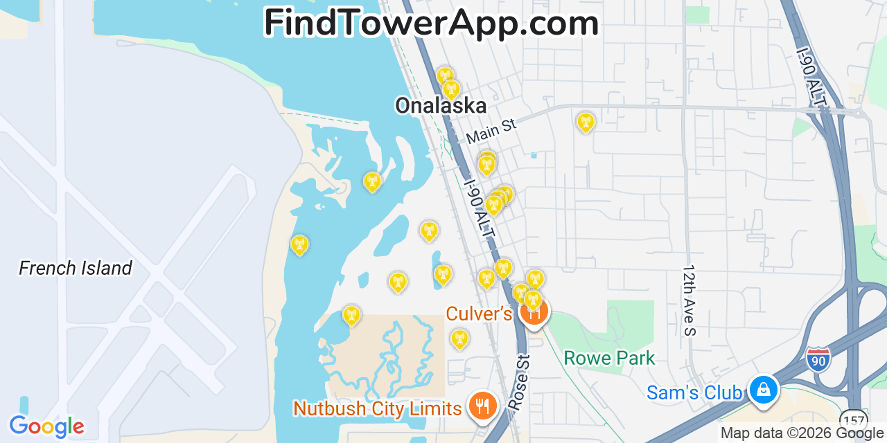 Map showing the 20 primary cell tower locations detected in Onalaska, Wisconsin from AT&T, Verizon, and T-Mobile networks
