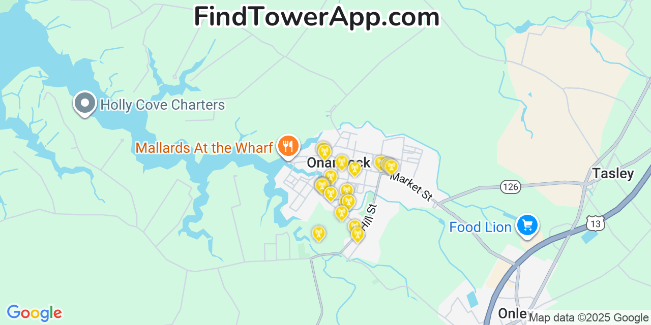 Map showing the 20 primary cell tower locations detected in Onancock, Virginia from AT&T, Verizon, and T-Mobile networks