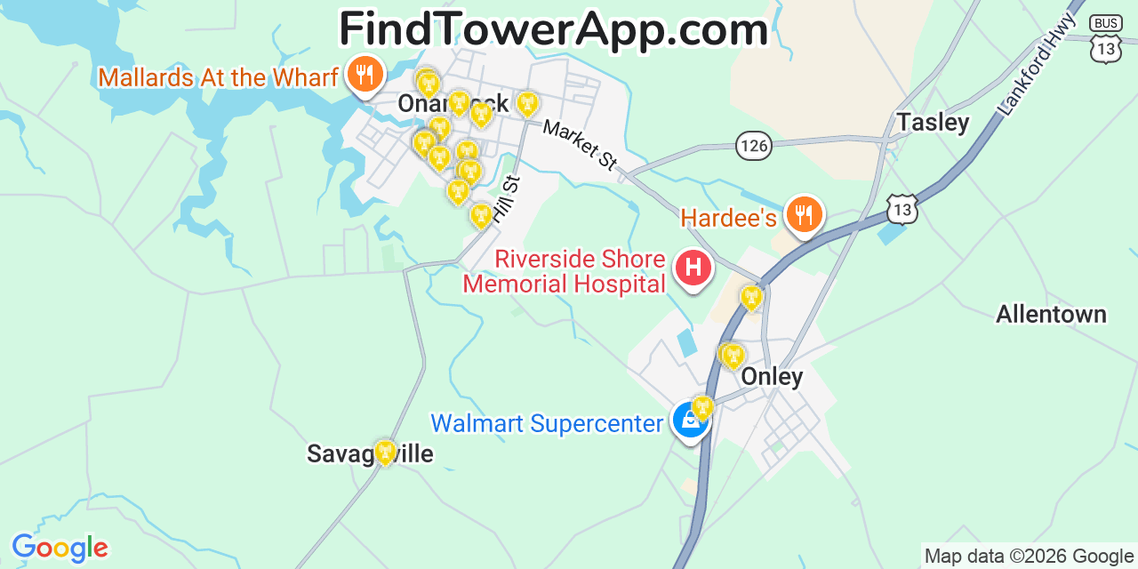 Map showing the 20 primary cell tower locations detected in Onancock, Virginia from AT&T, Verizon, and T-Mobile networks