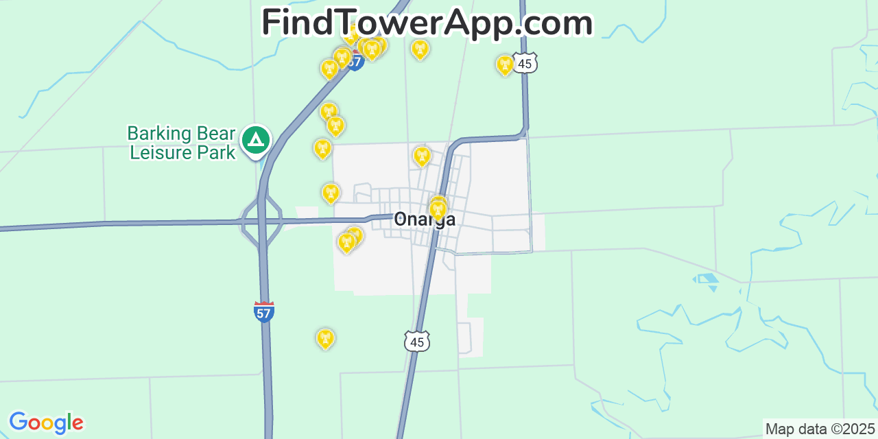 Map showing the 20 primary cell tower locations detected in Onarga, Illinois from AT&T, Verizon, and T-Mobile networks