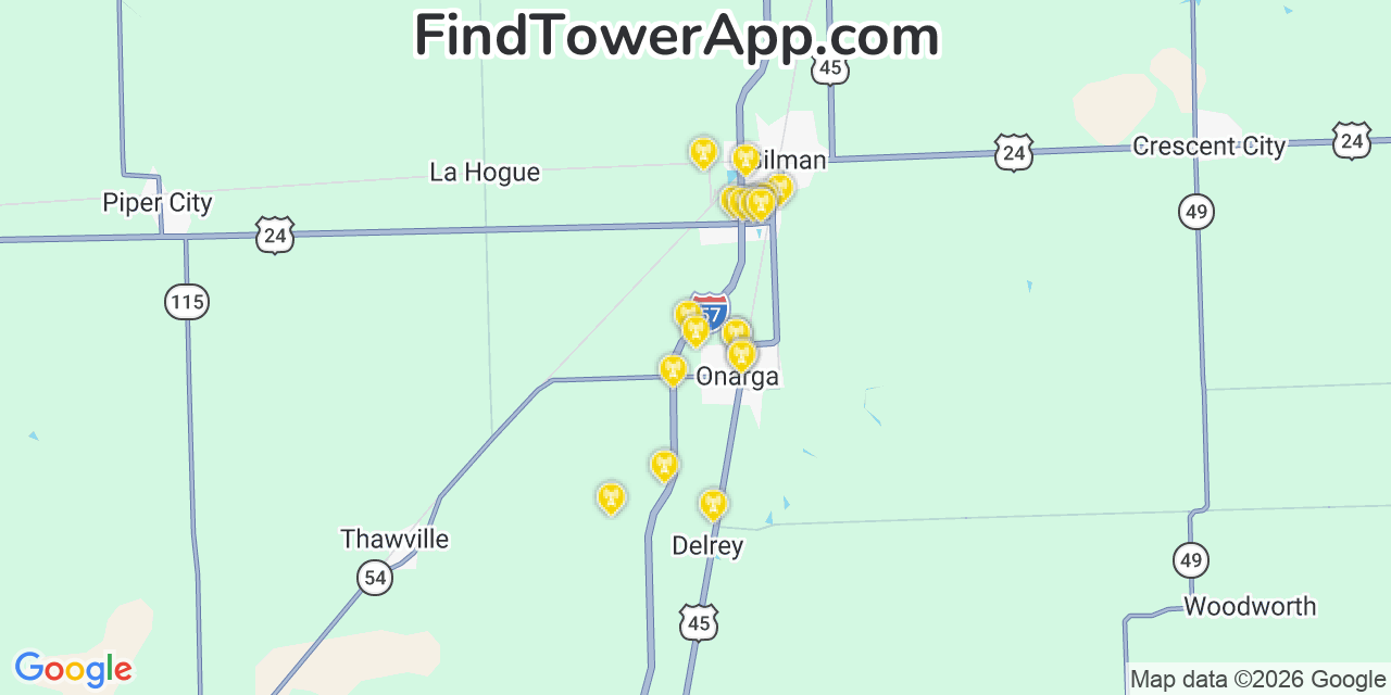 Map showing the 20 primary cell tower locations detected in Onarga, Illinois from AT&T, Verizon, and T-Mobile networks