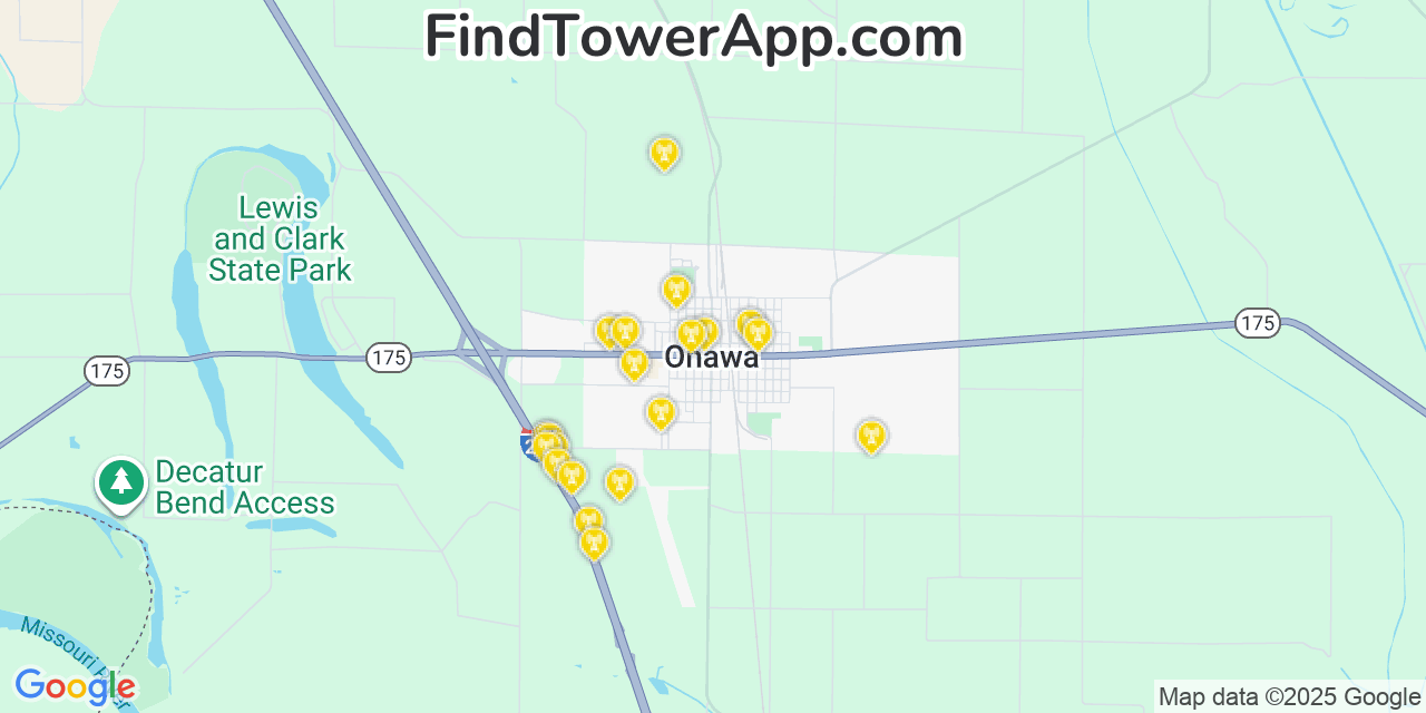 Map showing the 20 primary cell tower locations detected in Onawa, Iowa from AT&T, Verizon, and T-Mobile networks
