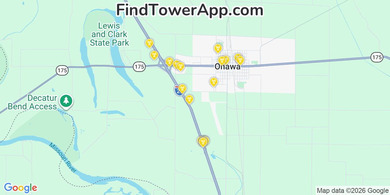 Map showing the 20 primary cell tower locations detected in Onawa, Iowa from AT&T, Verizon, and T-Mobile networks
