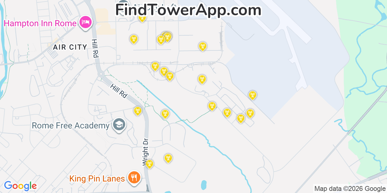 Map showing the 20 primary cell tower locations detected in Oneida, New York from AT&T, Verizon, and T-Mobile networks