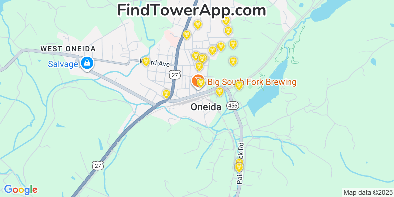 Map showing the 20 primary cell tower locations detected in Oneida, Tennessee from AT&T, Verizon, and T-Mobile networks