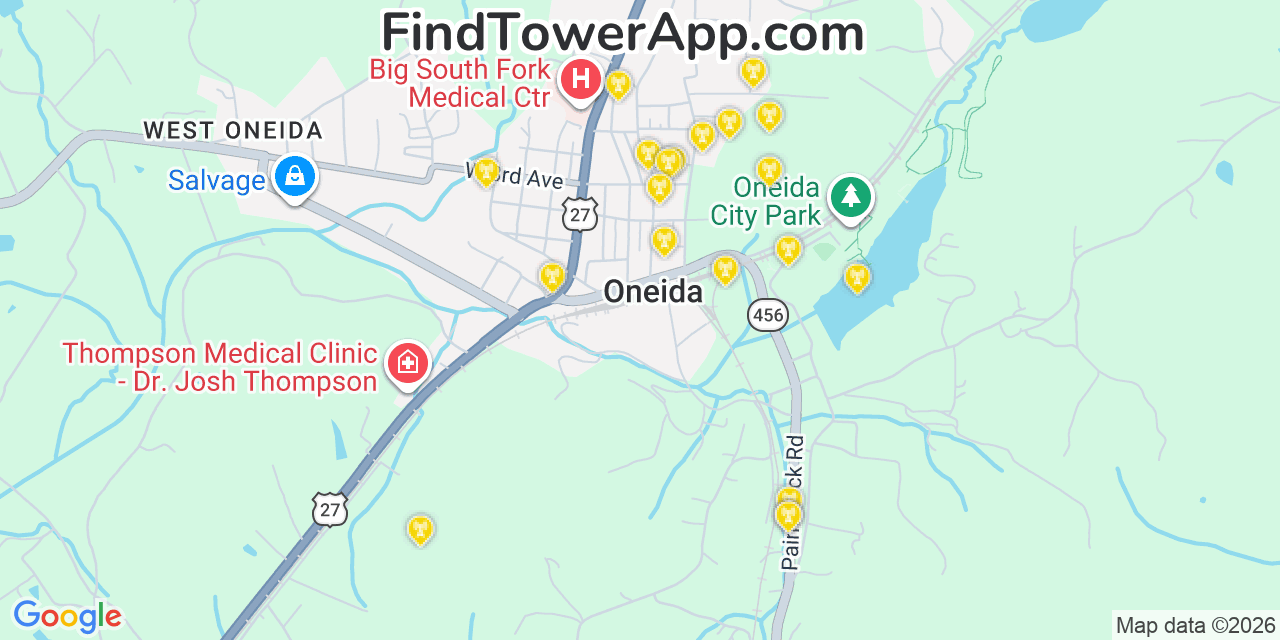 Map showing the 20 primary cell tower locations detected in Oneida, Tennessee from AT&T, Verizon, and T-Mobile networks